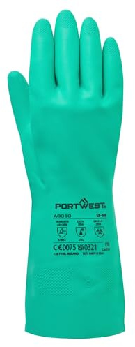Portwest AB810 Chem 320 Nitrile Gauntlet Gloves 12 Pairs | Green, 2X Large, Chemical Resistant, Flock Lined, Textured Grip, Forearm Coverage, Durable