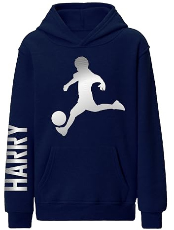 Personalised Football Hoodie Gift For Boys Silver Custom Name Footballer Kids Footie Player Hooded Jumper, Boys Girls Hoodie & Football Cool Birthday Gifts Present - Navy 11-13 Years