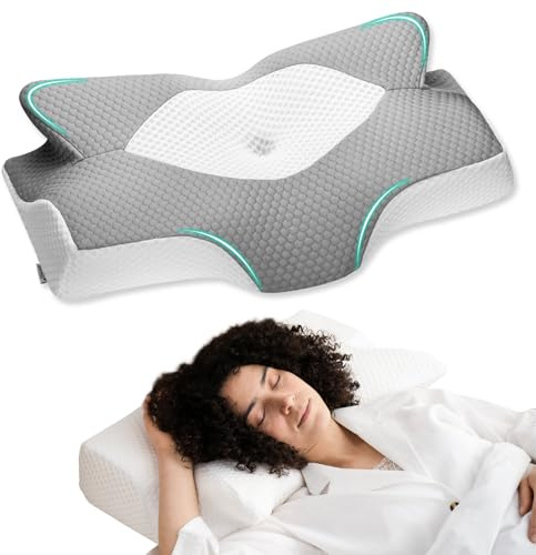 Elviros Cervical Memory Foam Pillow, Ergonomic Head and Neck Support Pillow for Side/Back/Stomach Sleepers with Removable Cover (GREY)