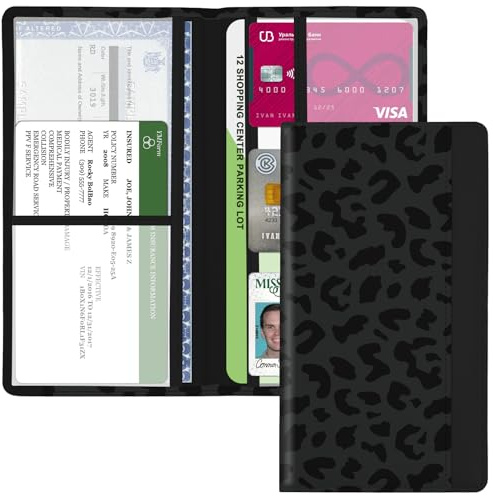 Kakurookie Car Registration and Insurance Holder, with Magnetic Closure for License, Cards and Documents, All Vehicle Needs and Car Accessories (Leopard-Black)