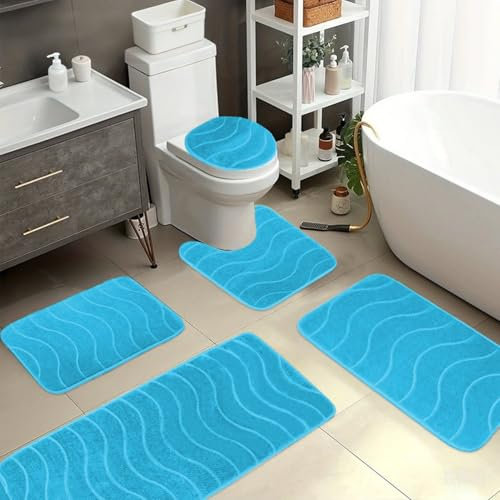 Heavyoff Juego de Alfombrillas de baño de 5 Piezas, alfombras de baño Antideslizantes, Lavable, Absorbente, Alfombra para Inodoro WC, para Ducha y Aseo, Azul