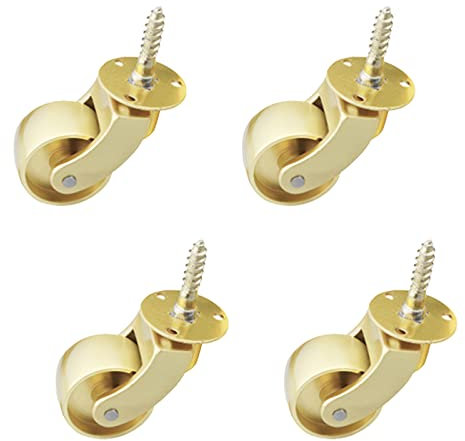 4 x Lenkrollen mit Gewindeschaft, 360-Grad-Drehung, Messingräder, kleine antike Möbelrollen, Universalrollen für Koffer, Schränke, Sofas, Trolleys und Betten, mit Schrauben, Gold ()