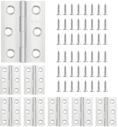 Lot de 8 charnières pliantes 75 mm x 50 mm, charnières de porte en acier inoxydable, industrielles, polies, charnière piano pour portes, fenêtres, armoires avec 48 vis, argent