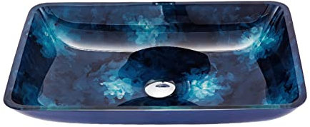 asdchZen Lavandino da Appoggio per Bagno Blu, Lavabo da Appoggio Artistico Dipinto A Mano, Lavabo da Appoggio in Vetro Temperato, Lavabo da Appoggio Rettangolare per Bagno, Lavabo
