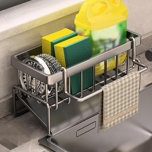 Stainless Steel Kitchen Sink Storage Rack, Sink Caddy with Removable Tray and Hanging Rod – Compact Organizer Holder for Sponges, Brushes, Towels, and Cleaning Supplies (B-Gun Gray)