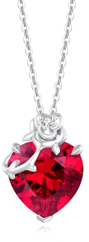 FANCIME 14 Karat Weißgold Rose Anhänger mit Herz & Geburtsstein - Sterlingsilber Kette Weihnachten Feiner Schmuck Geschenk für Damen Frauen