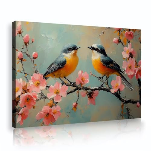 YUNART Fleur de cerisier japonais Toile murale art mignon oiseau et botanique Vintage toile art pour chambre ou entrée décoration murale 25x38cm Cadre intérieur