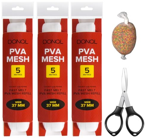 DONQL 5M PVA Mesh Carp Fishing with Scissors, 3 Pcs PVA Bags Carp Fishing, 45 Fast Water Soluble Mesh Bags Refill Bait (37MM)