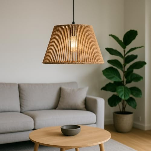 Natural Jute Rope Lampshade 1 Pack Handwoven Pendant Light Shade with E27 Ring Adapter 28cm Bottom Diameter x 18cm Height Rustic Boho Light Fixture for Living Room Bedroom Dining Area (1)