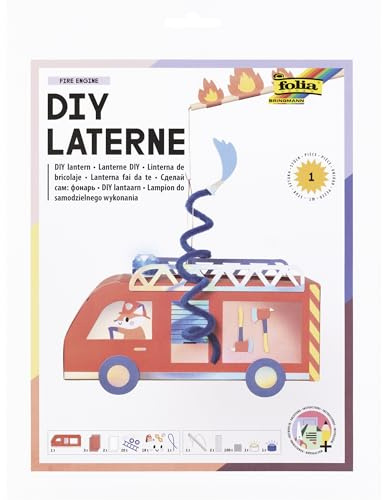 folia 95306 - DIY Laterne FIRE ENGINE, ca. 10,5 x 27 x 10,5 cm - Laternen Bastelset gestaltbar als Feuerwehrauto, inkl. LED Licht, blauem Blinklicht, 4 Batterien und 2 Klebepads