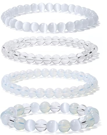 Sahoottie 4 Stück Edelstein Armband Damen 6/8mm Perlenarmband Damen Edelsteine Heilsteine Armband Elastisch Anti Stress Perlen Armbander Naturstein Schmuck