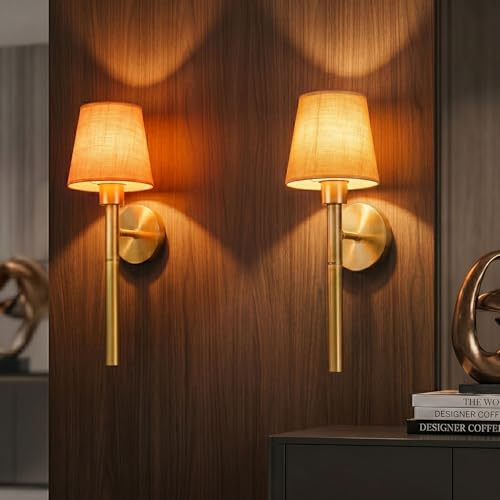 Tomshine 2 Pezzi Applique da Parete Interno a Batteria, 5200mAh Lampada da Parete Senza Fili con Telecomando, Lampadina Magnetica Rimovibile per Ricarica, RGB e Dimmerabile, Paralume in Tessuto per Ca