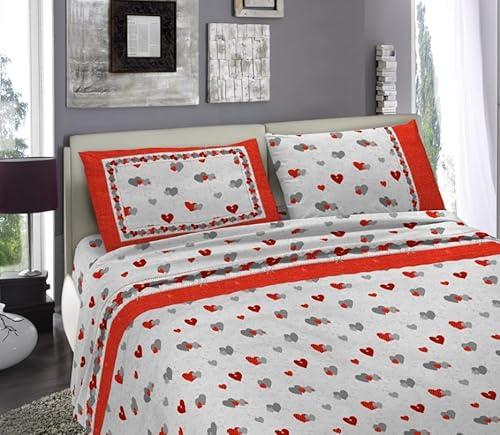 Tata Home Completo Letto Flanella Set Lenzuola Morbido Caldo Cotone Felpato Invernale Antipilling Fantasia (Dis.15 Cuori Rosso, Matrimoniale)
