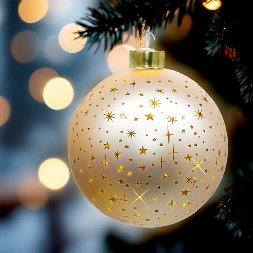 LED Glas Weihnachtskugel Champagner 12 cm zum Hängen mit Timer