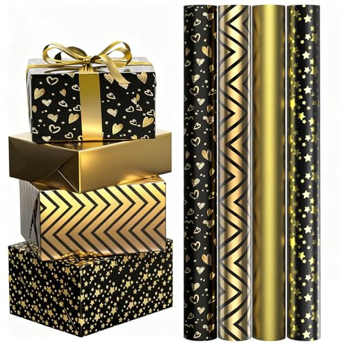 FeinKulturia Papel de regalo negro y dorado, 43 x 300 cm, 4 rollos de papel de regalo de alta calidad, para cumpleaños, niños y adultos, para Navidad, bodas, San Valentín, fiestas, decoración de