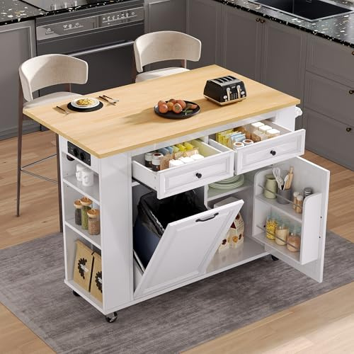 LAKFEW Isla Cocina con Ruedas y Mesa Extensible, Isla de Cocina con Enchufe y Compartimento para Cubo de Basura, Mueble Auxiliar con Almacenaje, Ilha de Cozinha, 120x40(70) x92 cm, Blanco+Natural