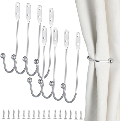 8 Pcs Metal Curtain Holdbacks, Curtain Tiebacks Wall Mounted Curtains Hooks Decorative Drapery Tie Backs Retro Window Hook with Screws for Drapes, Home Decor (Silver)