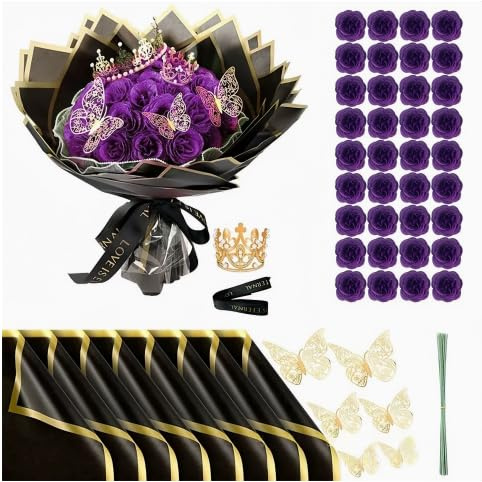 HORREX 24 Piezas Rosas Artificiales con Purpurina, Flores Artificiales Decoracion con Corona, Ramo de Flores para el Día de San Valentín, Bodas, Compromisos, Cumpleaños, Madre, Navidad (Morado)
