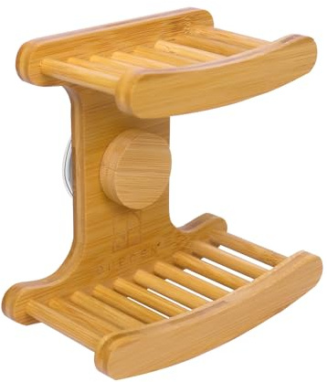Suction Cup Soap Dish for Shower，Bamboo Soap Dish Holder for Shower, Suction Cup NO-Drilling, Self Draining for Bathroom，Natural Bamboo Color (Double soap Holder, Rectangular)