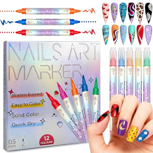 12 Farben 3D Nagellack Stift Set, Nagelspitze Nail Art Pen Nagelkunststift DIY Linie Nagelkunst Graffiti, Fein Nail Art Marker Nageldesign für Maniküre zu Hause & Salon-Doppelseitiger Stift