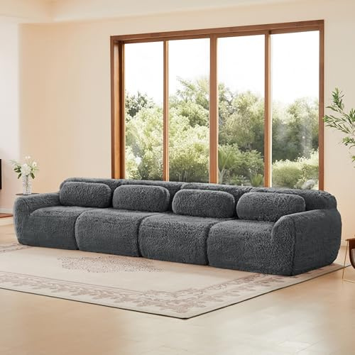dowowdo Modulares 4-Sitzer Schlafsofa Grau mit Schlaffunktion – Rutschfestes XXL Ecksofa ohne Montage, Premium Plüschstoff, 32D Schaum, ideal für Familie & Gäste