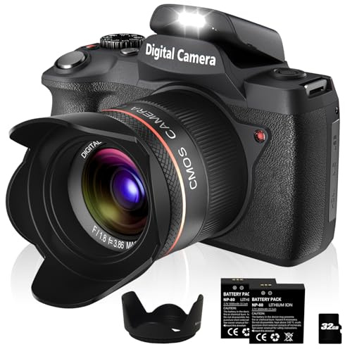 Fotocamera digitale, 5 K 64 MP WiFi per fotografia con doppio obiettivo e paraluce, scheda da 32 GB, 2 batterie, fotocamera per selfie da 4 pollici touch screen per Youtube, flash autofocus con zoom