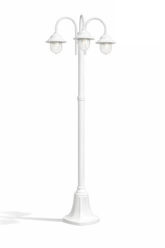 damastoreitalia Lampione da Giardino 3 Luci E27 IP54 in Alluminio Nero, Palo Esterno Classico con Diffusori in Policarbonato, Stile Vintage per Vialetto e Cortile (Bianco)