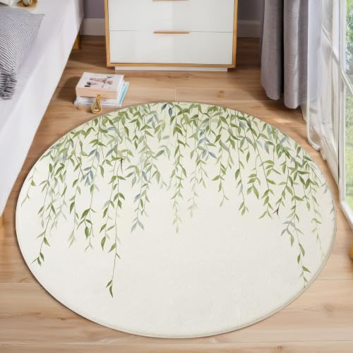 Stile fresco ad acquerello Foglie di salice pendenti Verde Tappeti Rotondo 80cm Antiscivolo Lavabile In Lavatrice Tappeto Salotto Camera Ufficio Da Pranzo Pelo Corto Rug Carpet