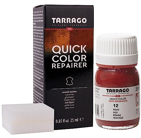 Tarrago | Quick Color 25 ml | Färbemittel für Schuhe Leder Glattleder Canvas Accessoires | Schnell trocknendes Färbemittel Schuhe repariert und kleinen Abnutzungserscheinungen schützt (Rot 12)