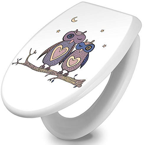 banjado Toilettendeckel mit Absenkautomatik 44,5x37cm / WC Brille Soft Close/hygienischer Toilettendeckel/Klodeckel Duroplast Edelstahl Scharniere einfache Montage/Motiv Verliebte Eulen