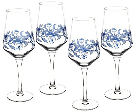 Spode Blue Italian Stemmed Wine Glasses, Set of 4 - 16oz Decorative Goblets with Scroll Rim Detailing & Countryside Scene for Red or White Wine, Dining, Entertaining - Great Mother's Day Gift