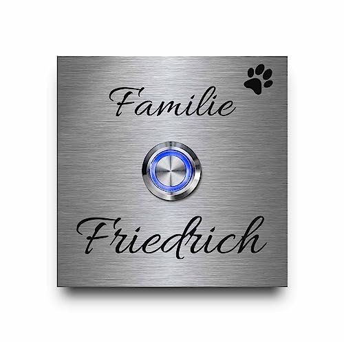 Edelstahl Türklingel mit Wunsch Gravur und vielen schönen Motiven - LED beleuchteter Klingelknopf - Modell Friedrich - Gravierte Klingelplatte in versch. Größen ab 8x8 cm