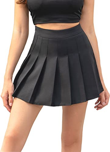 Hoerev Women Girls Short High Waist Pleated Skater Tennis School Skirt,L, Black - 10