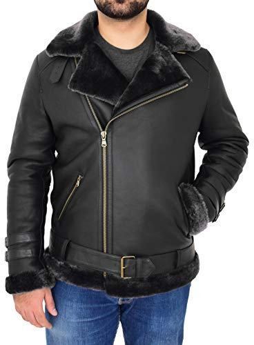 A1 FASHION GOODS Herren Echtes Schaffell Jacke Schwarz X-Zip Flieger Brando Shearling Biker Style Mantel - Hugh (XL - EU 52)