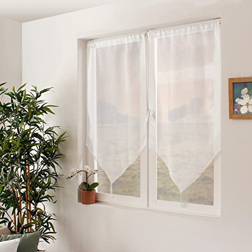 Paire de Vitrage Blanc, 60x160cm, Voilage Passe Tringle, Finition Pointe à Pompons, 100% Polyester Sablé, Collection Sablé, Enjoy Home
