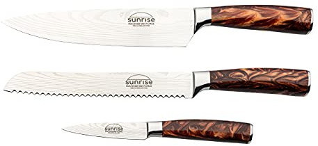 Rockingham Forge Sunrise Collection Amber bernsteinfarben 3-Stück Messerset mit hochwertiger Klinge aus X40Cr13 Edelstahl und Griff aus Harz, Braun