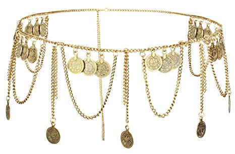 MEGAUK Damen Retro Kettengürtel Münzgürtel Fransen Bauchtanz Gürtel Metall Taillengürtel Hüftgurt