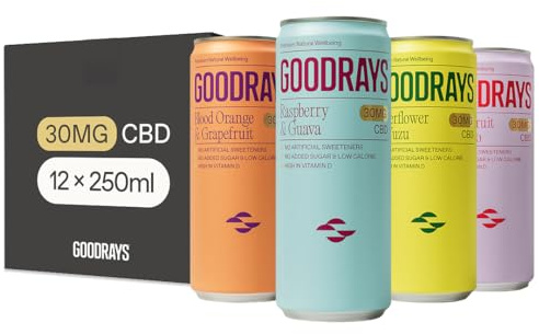 GOODRAYS 4 Flavour Mixed Pack Sparkling CBD Drink, 12 x 250ml Cans | Functional Fizzy Drinks, 30mg Sun-Grown CBD, 100% Natural Ingredients, No Added Sugar, Low Calorie, Vegan, High in Vitamin D