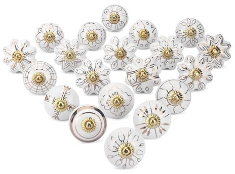 Ajuny Lot de 20 Boutons en Céramique Blancs et Dorés pour Portes de Placard Tiroirs et Meubles de Cuisine Salle de Bain Commode Poignées Décoratives en Poterie Faites à la Main
