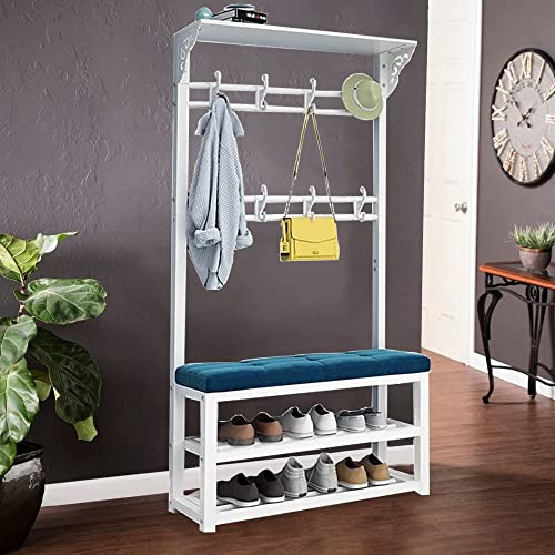 4 in 1 Garderobe mit Schuhregal 2 Ablagen, Freistehende Garderobenständer mit Sitzbank und Abnehmbaren Haken, Multifunktionale Kleiderständer mit Regal, für Flur, Eingangsbereich