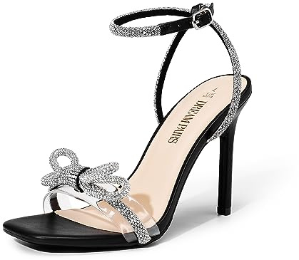 DREAM PAIRS Women's Double Bowknots Crystal Sandals Clear Slingback Heels Square Toe Shoes for Party Wedding Brielle,Size 8,Black,SDHS2389W