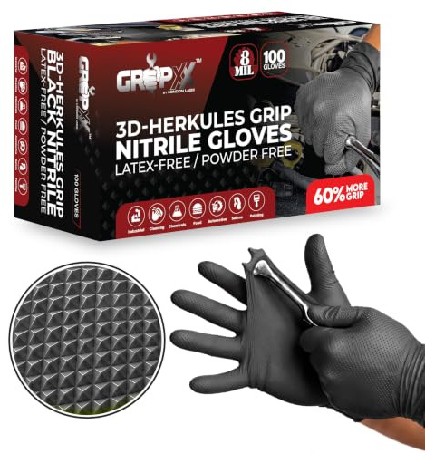 GRIPXX Herkules Grip Heavy Duty 8Mil Black Nitrile Gloves,3D Raised Diamond Texture-Latex & Powder-Free-Industrial, Mechanic (100, Medium)