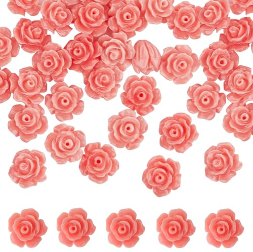 SUNNYCLUE 1 Box 50 Stück 10 mm Rosafarbene Rosenblütenperlen Geschnitzte Rosenperlen Synthetische Korallenschale Zinnober Blumenmuster Lose Gebets Abstandsperlen Für Schmuckherstellung Perlenarmband S