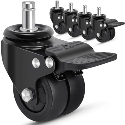 Nefish Office Chair Caster Wheels with Brake, 11mm, 2 Inch Heavy Duty Rubber Office Chair Wheel Replacement, Support 750lbs(Set of 5), Quiet Desk Chair Rollers, Safe for All Floors, Universal Fit