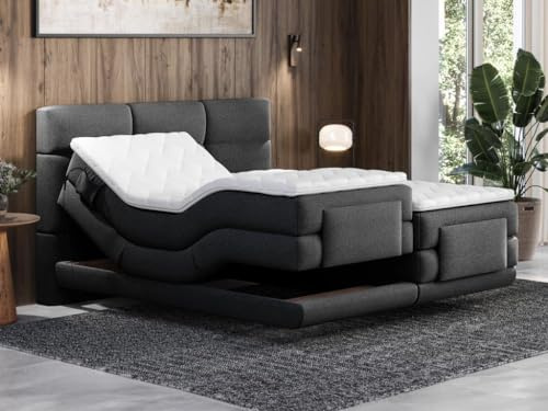 Vente-unique-Boxspringbett mit gestepptem Kopfteil + elektrischem Untergestell mit Relaxfunktion + Matratze + Topper - 2 x 90 x 200 cm - Stoff - Anthrazit - LODI von Palacio
