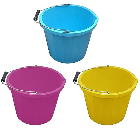 Set of 14 Litre Plastic Builders Buckets 3 Gallon Water Storage Cement Mixing Bucket with Strong Metal Handle Measuring Guide Construction Animal Feeding Car Wash Cleaning Bucket (Yellow, Pink, Blue)