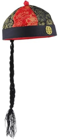 Adults Black, Red & Gold Traditional Chinese Mandarin Emperor Style Hat With Black Braid Fancy Dress Cosplay Role Play Accessory