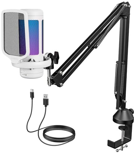 TONOR Micro PC Gaming RGB, USB Microphone Condensateur Professionnel Mic avec Support de Bras pour Streaming, Enregistrement, Youtube Discord Gaming, Voix-Off pour Ordinateur Laptop Mac TC310+ Blanc