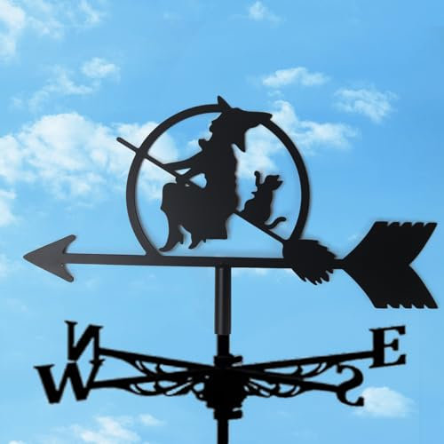 Garden Decor Weather Vane - Black Ornamental Wind Direction Pointer, Eagle Metal Weather Vane, Roof/Courtyard/Outdoor/Garden Decoration, Witch with Cat