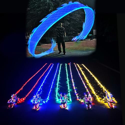 EXCLURA Jongliertücher Blauer Drache Poi Führte Drachenband, Leuchtender, Fließender Drachen-Poi-Streamer für Die Nacht, 8m/ 10m Großer Chinesischer Drachentanz mit 3D-Kopf(Size:8 m (26 ft))
